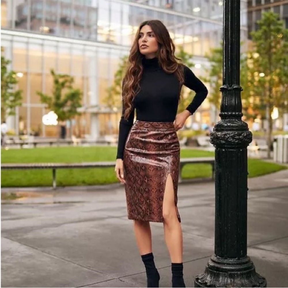Express x Negin Mirsalehi Snakeskin Leather-like Midi Skirt 10